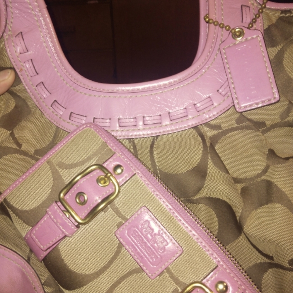 Pink and brown medium to large coach purse with matching wallet